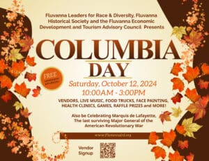 Fall-themed event flyer with information about Columbia Day in Fluvanna on October 12. Follow link for details.