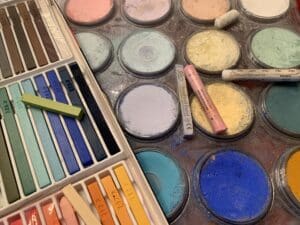 Detailed close-up image of pastels at the home studio of Diane Wilkin, part of the Studio Tour, an art experience in central Virginia