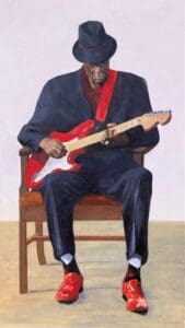 Painting of a guitarist of color by Linda Staiger, part of the Studio Tour